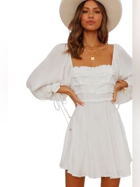 HELLO MOLLY Boho Chic LS A-Line White Mini Dress  balloon sleeves baby doll
